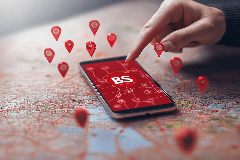 Schaubild für Standortnähe, Person zeigt auf Smartphone. dass das BS Logo zeigt, Landkarte mit Stecknadeln im Hintergrund
